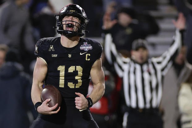 Army quarterback Bryson Daily (13) reacts after scoring a touchdown against Tulane during the first quarter of an NCAA college football game