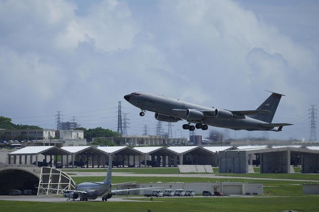 Air Force KC-135 Stratotanker takes off from the Kadena Air Base airfield on Okinawa.