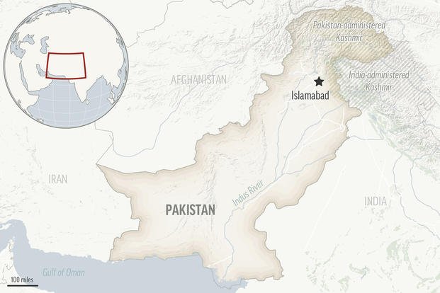 This is a locator map for Pakistan with its capital, Islamabad, and the Kashmir region. (AP Photo)