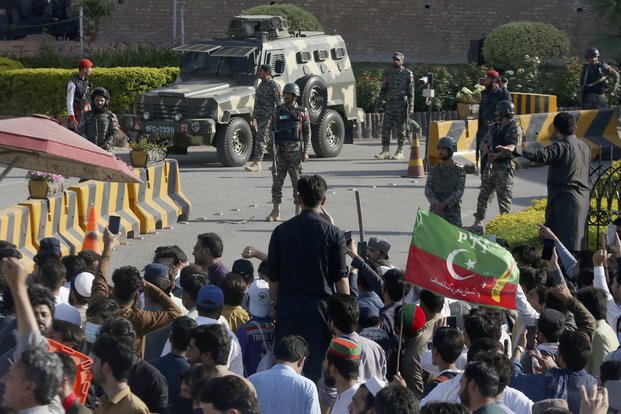 Paramilitary soldiers stand guard in Peshawar, Pakistan.