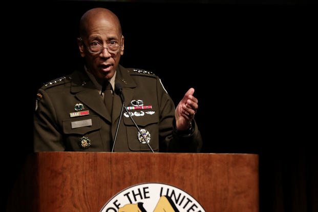 Gen. Charles Hamilton, Army Materiel Command commanding general, provides keynote remarks during the Association of the U.S. Army Global Force Symposium in Huntsville, Alabama.