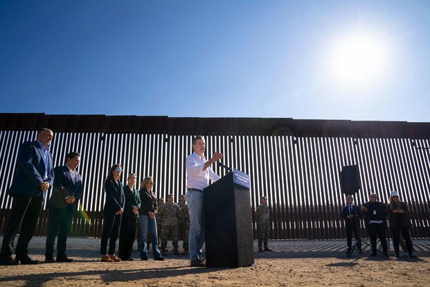 California Gov. Gavin Newsom holds a press conference along the U.S.-Mexico border at Otay Mesa