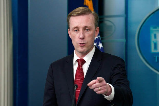 National security adviser Jake Sullivan speaks during a press briefing at the White House