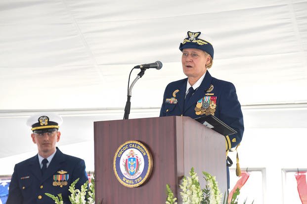 Coast Guard Commandant Adm. Linda Fagan delivers remarks