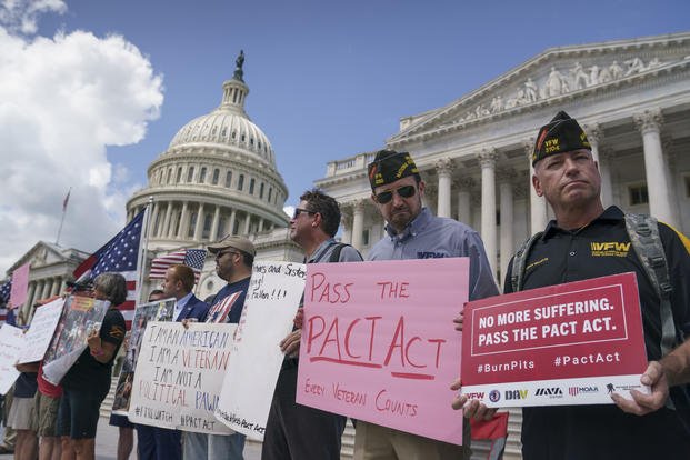 Veterans  protest on the steps of the Capitol in Washington
