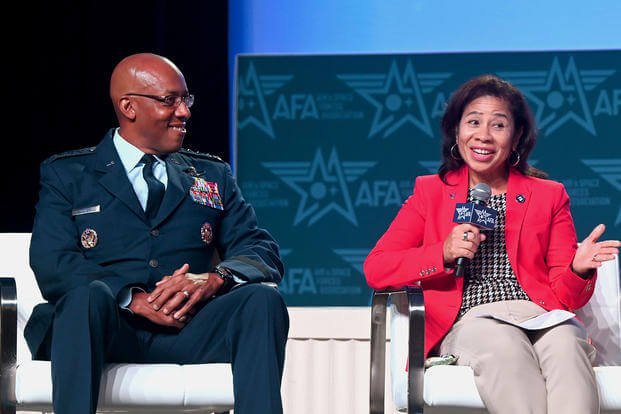 Then Air Force Chief of Staff Gen. CQ Brown, Jr. and Mrs. Sharene Brown take part in a panel discussion