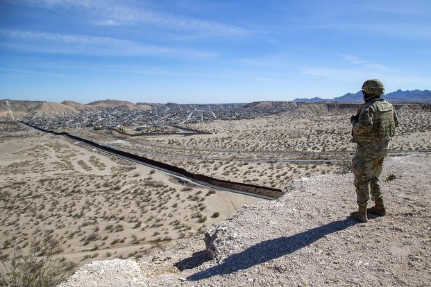 Army soldier at the US-Mexico border in Sunland Park, New Mexico