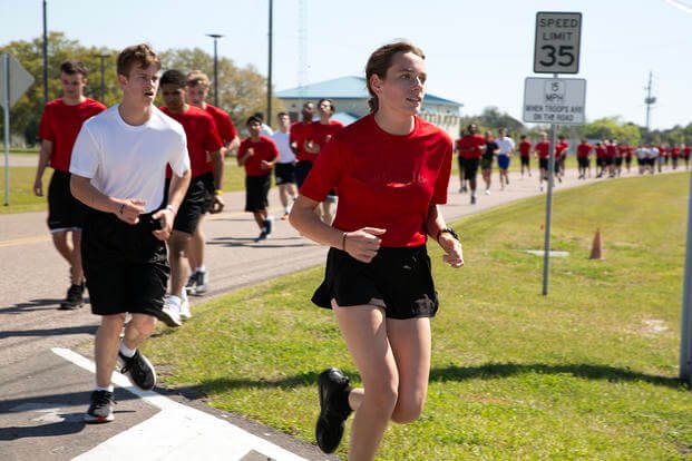 Individuals scheduled for boot camp complete a 1.5-mile run during a Marine Corps Recruiting Station Jacksonville pool function March 22, 2025, at Marine Corps Support Facility Blount Island in Jacksonville, Florida. 