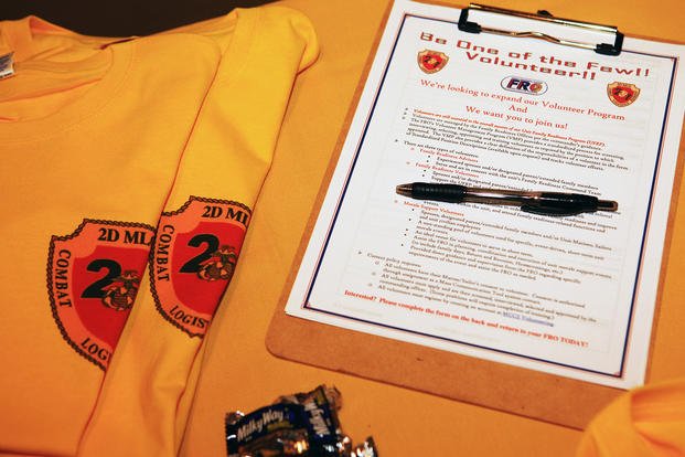 Applications sit on a table at Marston Pavilion aboard Camp Lejeune, N.C., for potential volunteers with Combat Logistics Regiment 27, 2nd Marine Logistics Group. 