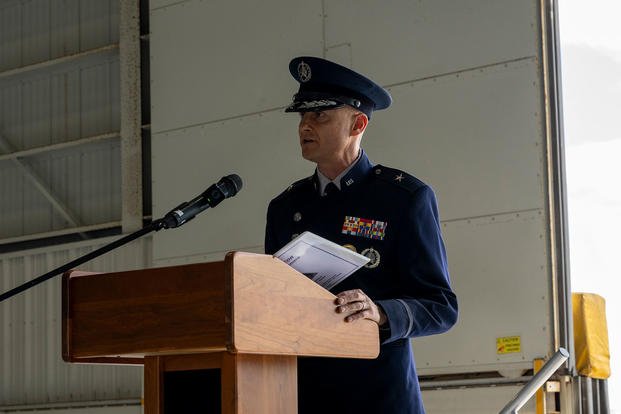 U.S. Space Force Brig. Gen. Brian Denaro, newly appointed U.S. Space Forces Indo-Pacific commander, gives a speech