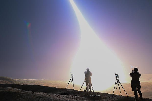 An unarmed Minuteman III ICBM launches at Vandenberg SFP