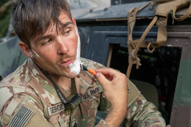 U.S. Army soldier shaves near Hohenfels, Germany