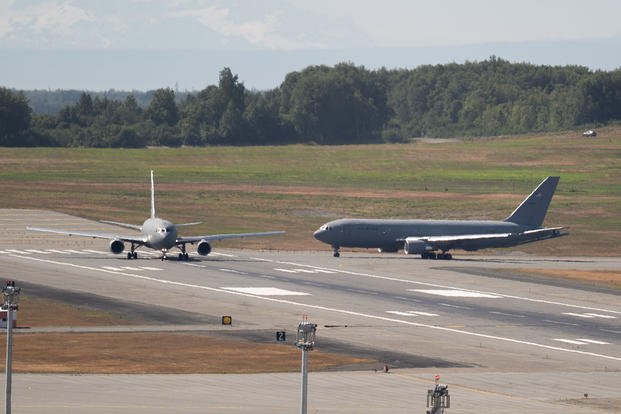 KC-46 Pegasus aircraft taxis at Joint Base Elmendorf-Richardson