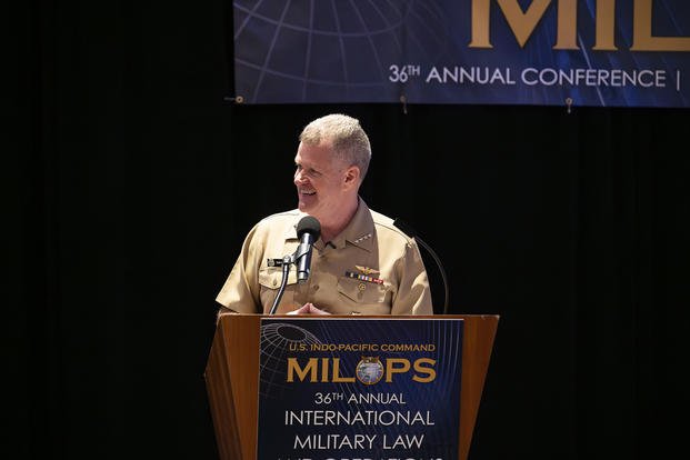 Adm. Samuel J. Paparo, commander of U.S. Indo-Pacific Command, delivers keynote remarks at the 36th annual international Military Law and Operations strategic engagement to leaders from more than 30 nations during a 4-day discussion in Honolulu.