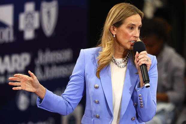 Democrat Mikie Sherrill responds to questions during the first general election gubernatorial debate with Republican opponent Jack Ciattarelli in New Jersey.