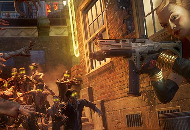 Woman shooting zombies with others behind her