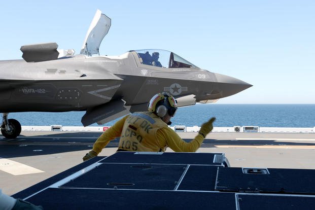 F-35B Lightning II launches from the flight deck of USS Tripoli