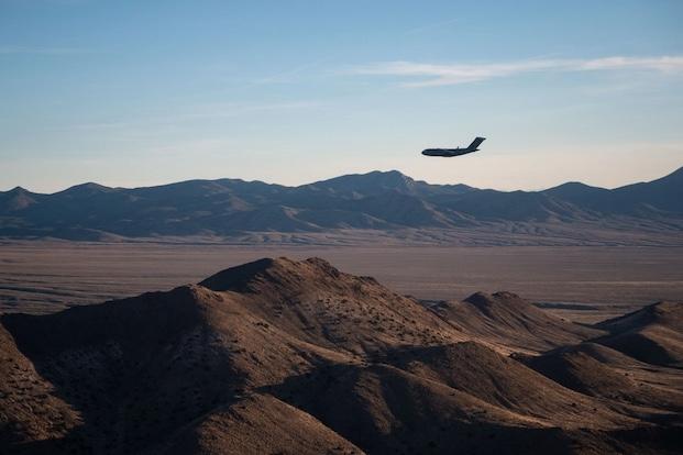 A C-17 Globemaster III assigned to the 57th Weapons Squadron stationed at the McChord Air Force Base component of Joint Base Lewis-McChord, Washington, flies above the Nevada Test and Training Range, Nevada, Nov. 19, 2024. (U.S. Air Force photo by Senior Airman Josey Blades)