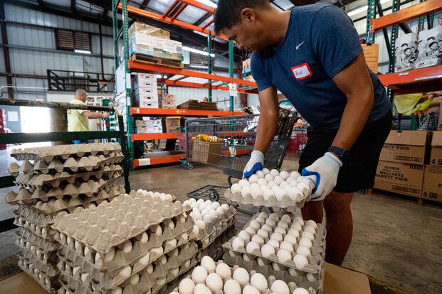 Volunteer Ron Lunasim picks up a carton of eggs while preparing food orders for families affected by the federal shutdown at The Pantry by Feeding Hawaii Together, Monday, Nov. 10, 2025, in Honolulu. (AP Photo/Mengshin Lin)