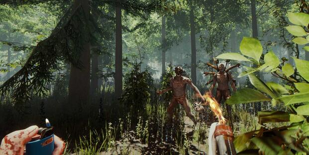 The player being approached by cannibals in The Forest