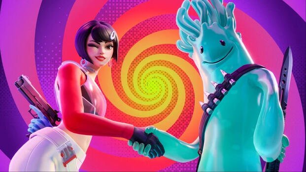 fortnite characters shaking hands with swirly background