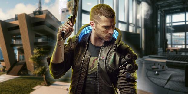 V from Cyberpunk 2077 standing in front of a fancy apartment