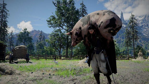 Kliff carrying a pig in Crimson Desert.