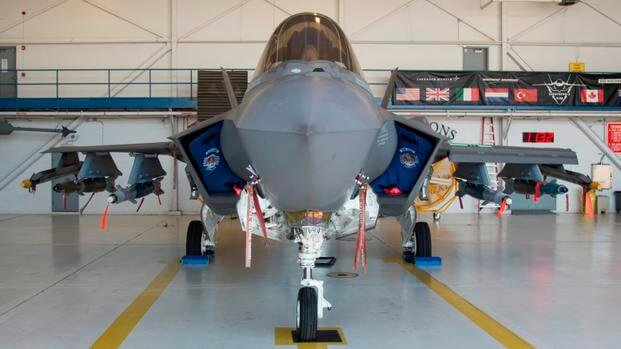 An F-35A from the 58th Fighter Squadron is loaded with weapons in its internal weapons bays and on external pylons July 20, 2016, at Eglin Air Force Base, Fla. The aircraft is capable of carrying weapons both internally and externally to adapt to mission needs. (Photo by Stormy Archer/U.S. Air Force)