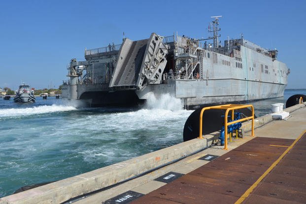 The Military Sealift Command joint high speed vessel USNS Spearhead (JHSV 1) enters the port at Naval Station Guantanamo Bay for a refueling and maintenance stop. (Photo: Mass Communication Specialist 2nd Class Kegan E. Kay)