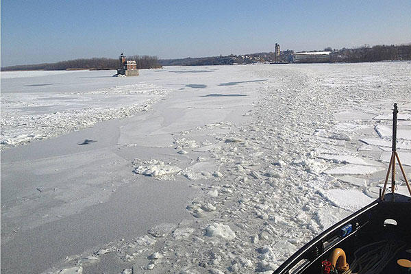Coast Guard Cutter Thunder Bay breaking ice on the Hudson River in support of Operation Reliable Energy for Northeast Winters, which focuses on keeping shipping channels open in the Northeastern U.S. (U.S. Coast Guard/ Lt. Zac Bender)