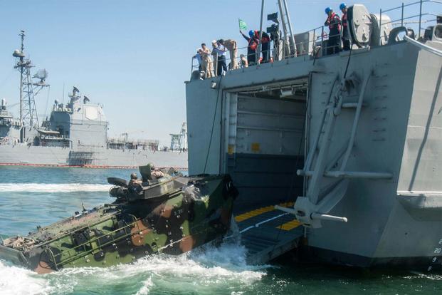 U.S. Marines embark on Mexican Navy’s ARM Usumacinta in an amphibious assault vehicle at Naval Base San Diego, as part of Rim of the Pacific 2016.. (Photo By: Petty Officer 2nd Class Molly Sonnier)