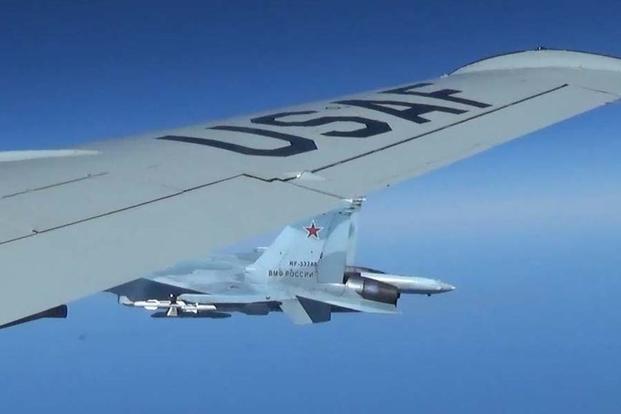 A U.S. RC-135U flying in international airspace over the Baltic Sea was intercepted by a Russian SU-27 Flanker.