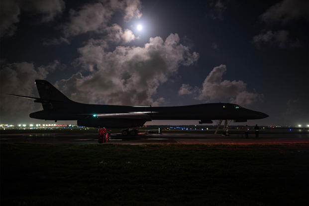 A U.S. Air Force B-1B Lancer assigned to the 9th Expeditionary Bomb Squadron, deployed from Dyess Air Force Base, Texas, prepares for take off from Andersen Air Force Base, Guam, July 7, 2017. (U.S. Air Force Photo/Airman 1st Class Jacob Skovo)