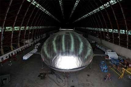The Aeroscraft airship, a high-tech prototype airship, is seen in a World War II-era hangar in Tustin, Calif., Thursday, Jan. 24, 2013.