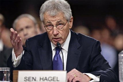 Republican Chuck Hagel, President Obama's choice for defense secretary, testifies before the Senate Armed Services Committee during his confirmation hearing, on Capitol Hill in Washington, Thursday, Jan. 31, 2013.