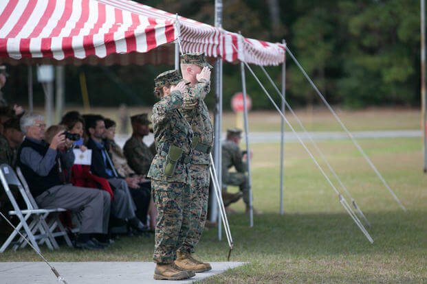 Lt. Col. David Morris (right) and Lt. Col. Lauren Edwards (left) review the battalion during the 8th Engineer Support Battalion change of command ceremony at Camp Lejeune, N.C., Nov. 30, 2015. (Photo: Cpl. Ryan Young)