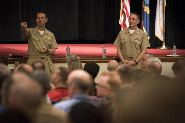 Chief of Naval Operations Adm. John Richardson and Master Chief Petty Officer of the Navy Mike Stevens hold an all-hands call at Space and Naval Warfare Systems Center Pacific. (Photo: Mass Communication Specialist 1st Class Nathan Laird)