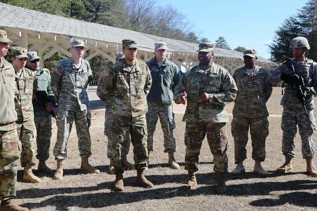 U.S. Army Command Sgt. Maj. Timothy Coleman, assigned to 114th Signal Battalion, speaks on behalf of Sgt. Samuel Nobles promotion at Fort George G. Meade, Md. (U.S. Army/Alyssa Madero)