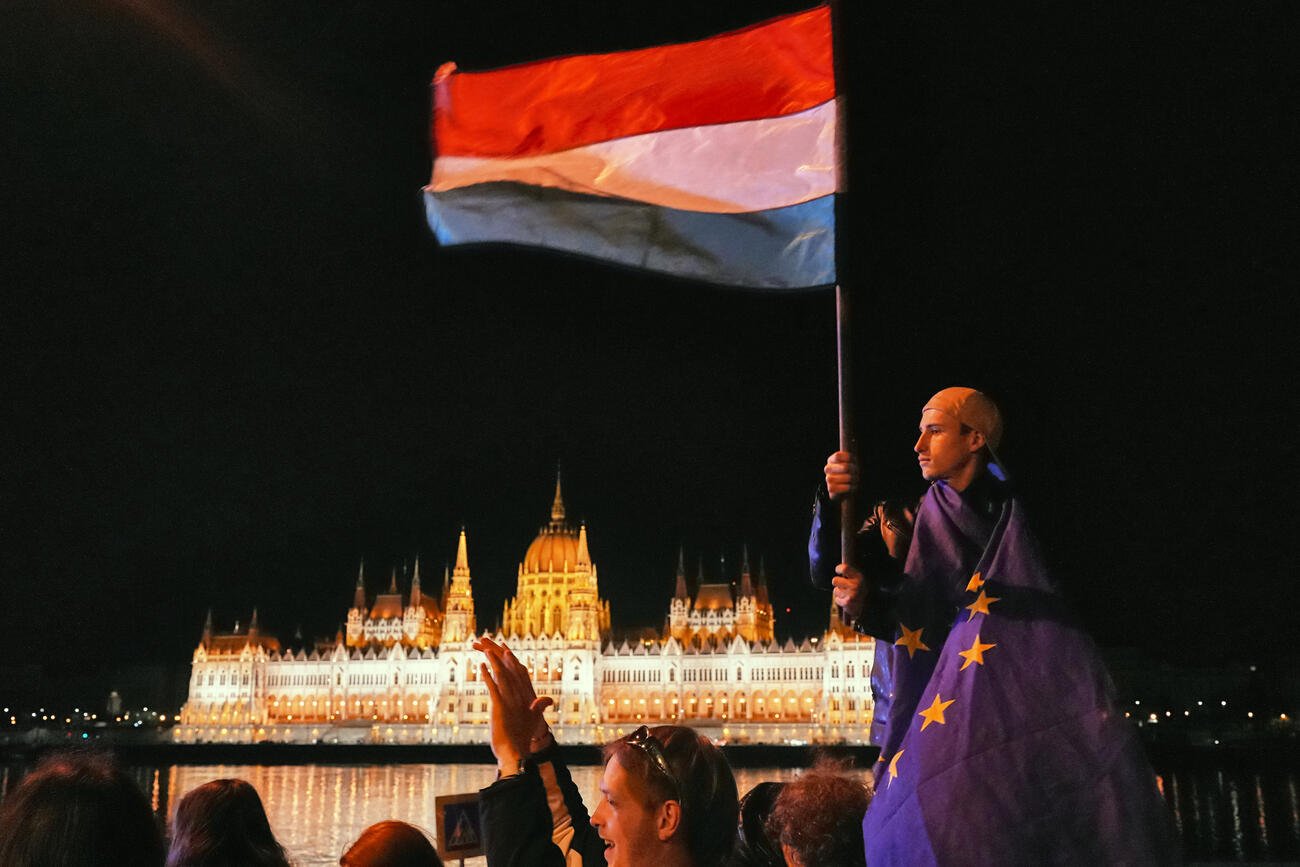 Péter Magyar speaking at a rally in Hungary.