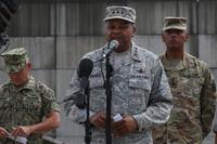 Lt. Gen. Samuel A. Greaves, Missile Defense Agency commander, speaks at Osan Air Base, South Korea, in front of two Patriot launching stations, August 22, 2017. (U.S. Army/ Staff Sgt. Monik Phan)