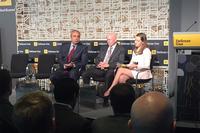 Richard J. Joseph, left, the Air Force’s chief scientist, and Mark Tapper, center, a special advisor on intelligence, surveillance and reconnaissance at the service, speak to Military.com’s Oriana Pawlyk at the Defense One Tech Summit in Washington, June 26, 2018. (DoD photo by Jim Garamone)