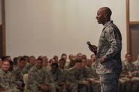 Chief Master Sgt. of the Air Force Kaleth O. Wright speaks to U.S. Air Force Airmen during an enlisted all-call at Ramstein Air Base, Germany, July 26, 2018. (U.S. Air Force photo/D. Blake Browning)