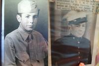 The author’s Grandfather , who served on Guadalcanal, Tarawa, Saipan, Tinian and Okinawa with the 2nd Marine Division in World War II, with a snippet (in the right photograph) from a Virginia newspaper about his service. (Photo Courtesy of Sarah Holzhalb)