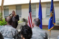 Dr. Keita Franklin, Defense Suicide Prevention Office director, speaks to a crowd about the Department of Defense's plan to combat the issue of suicide among military members at Joint Base Pearl Harbor-Hickam, Hawaii, Jan. 30, 2017. The 15th Wing clinic was recognized for its superior efforts to prevent suicide in 2016. (Kaitlin Daddona/U.S. Air Force)