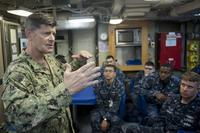 Adm. Bill Moran speaks to Sailors during an all-hands call aboard the ballistic missile submarine USS Henry M. Jackson (SSBN 730). Moran is in the Pacific Northwest to tour Naval activities and meet with Sailors and Navy leadership. (U.S. Navy/Mass Communication Specialist 1st Class Elliott Fabrizio)