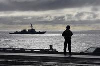 A sailor stands on the flight deck during flight operations aboard the Nimitz-class aircraft carrier USS Harry S. Truman (CVN 75) in the North Atlantic onSept. 18, 2018. (U.S. Navy photo by Mass Communication Specialist 2nd Class Anthony Flynn)