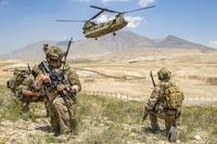 Soldiers from 1st Battalion, 121st Infantry Regiment, of the 48th Infantry Brigade Combat Team provide security as a CH-47 Chinook helicopter lands after a key leader engagement in Southeastern Afghanistan. The 48th Infantry Brigade Combat Team is deployed to Afghanistan in support of Operation Freedom’s Sentinel. (U.S. Army photo by Master Sgt. Casey Nelsen)