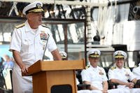 Commander, Naval Special Warfare Command, Rear Adm. Collin P. Green delivers remarks during the change of office ceremony July 30, 2019 during which NAVSEA 06 (PMS-340) Major Program Manager Capt. Robert &quot;Chad&quot; Muse was relieved by Capt. Brian O'Lavin. (U.S. Navy photo/Laura Lakeway)