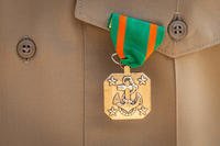 U.S. Marine Corps Cpl. Renzel Craft and Cpl. Everton Porto, both heavy equipment mechanics with 1st Combat Engineer Battalion, 1st Marine Division, receive Navy and Marine Corps Achievement Medals during their Corporals Course graduation ceremony at Marine Corps Base Camp Pendleton, California, April 12, 2019. (U.S. Marine Corps photo/Alexa M. Hernandez)