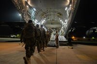U.S. Army soldiers with the 4th Infantry Division walk onto a C-17 Globemaster III at Prince Sultan Air Base (PSAB), Kingdom of Saudi Arabia (KSA), October 23, 2019. (U.S. Air Force photo/Alexandra Minor)
